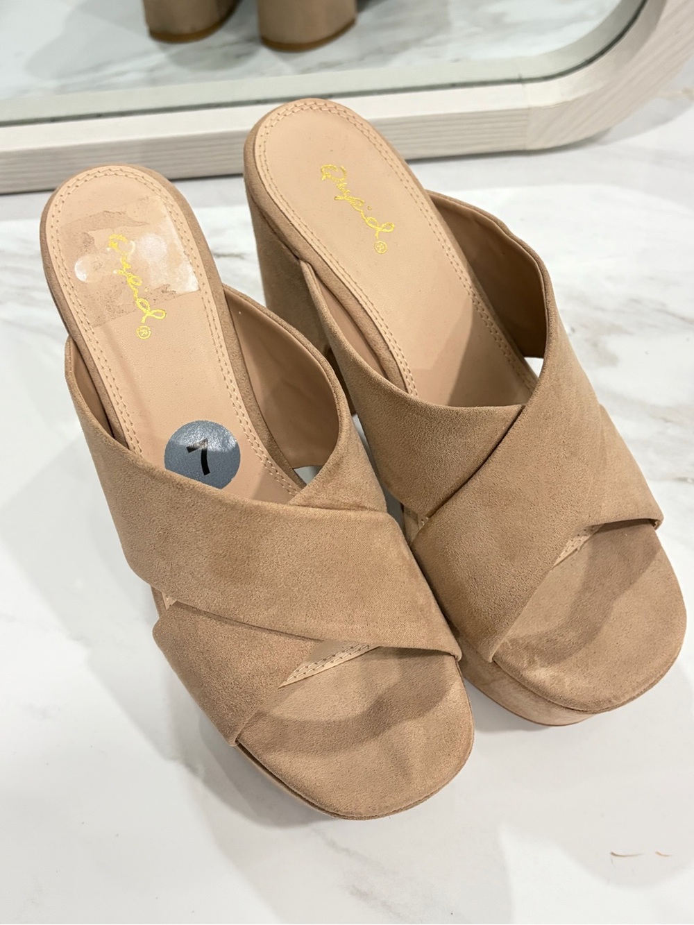 Qupid Taupe Crisscross Suede Slide Mules